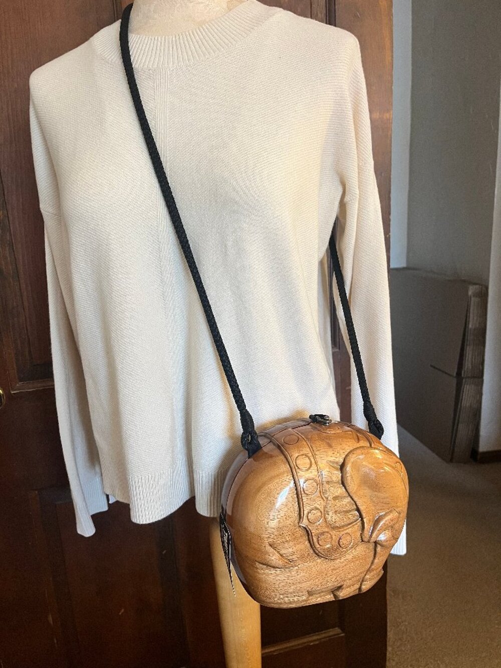 Timmy Woods Carved Wood Elephant Crossbody Bag with Black Strap